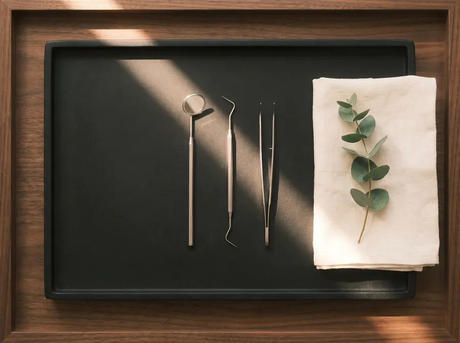 Dental examination instruments on a tray
